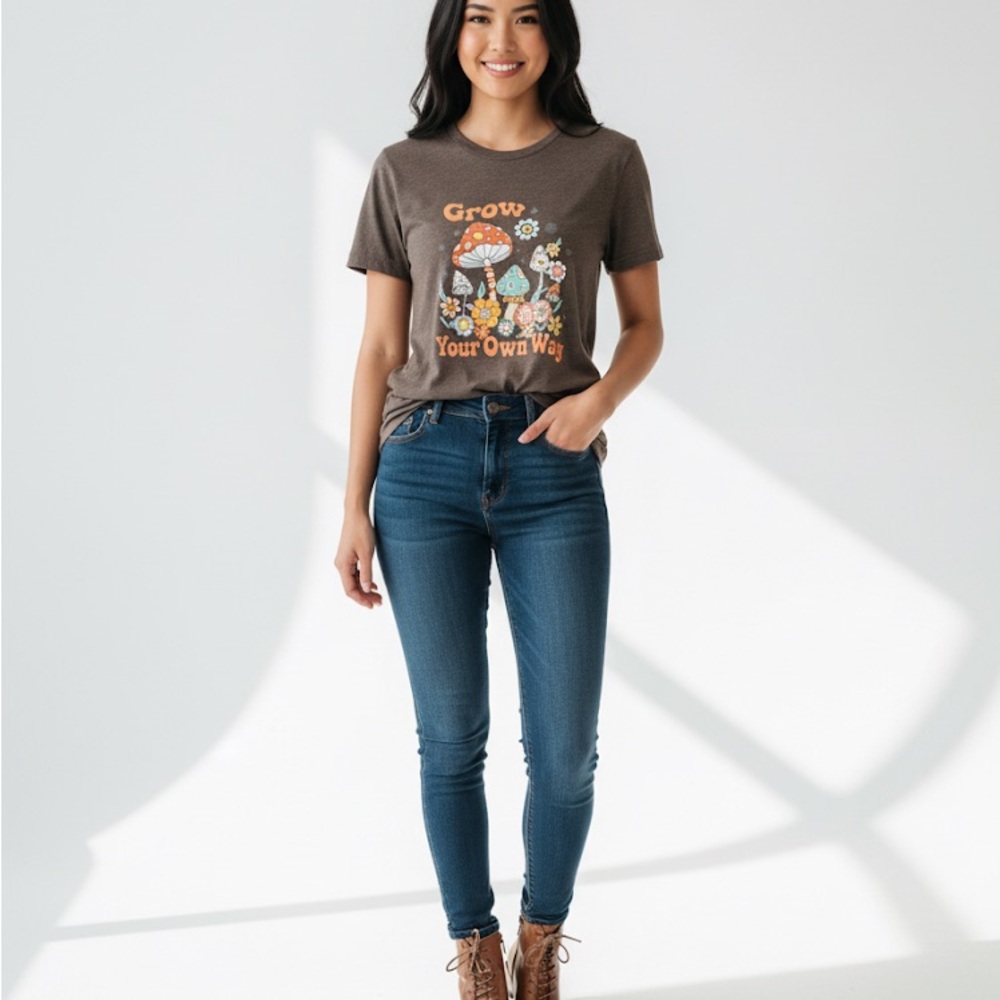 NWOT: Bella Canvas Brown‎ Tee with Mushroom and Floral Print - Picture 3 of 6